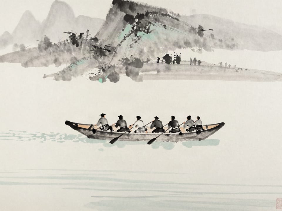 Ink wash painting: A crew of rowers pulling in perfect unison, the longboat leaping forward as one creature.