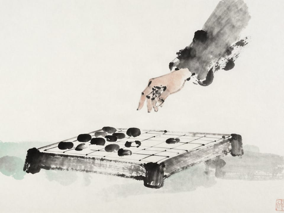 Ink wash painting: A Go master’s hand hovering motionless above the board, every line read before the stone falls.