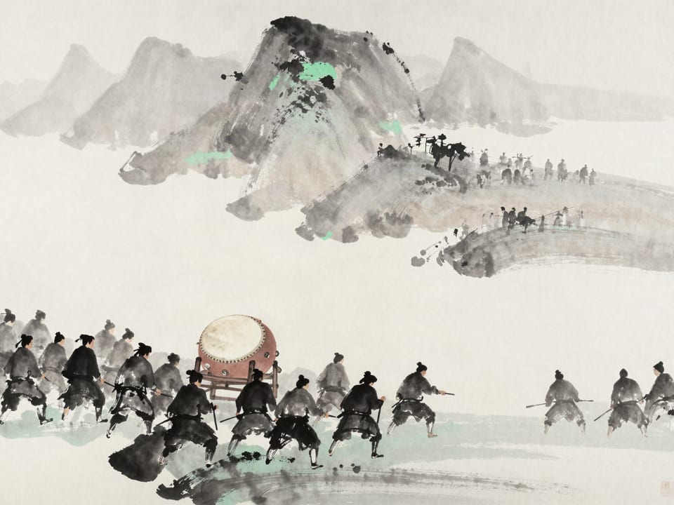 Ink wash painting: A drum falling silent mid-battle, the army’s shoulders dropping with the lost beat.