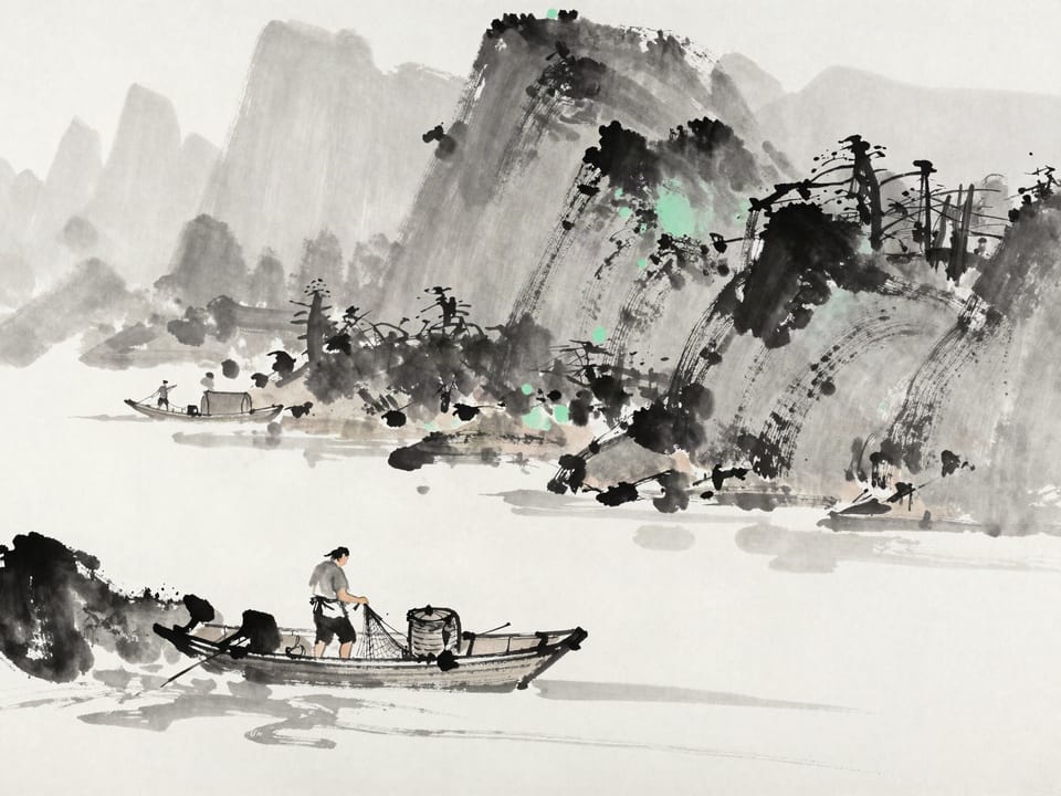 Ink wash painting: A fisherman mending his net in the shade while other boats race the current downstream.