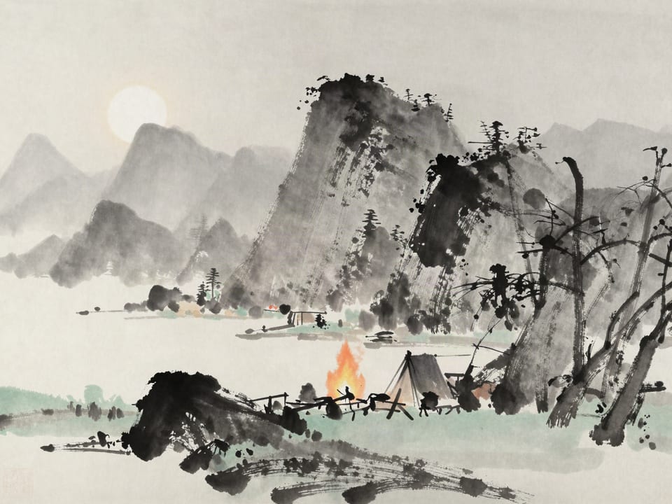 Ink wash painting: A camp at first light, energy rising with the sun; evening would find the same fires burning low.
