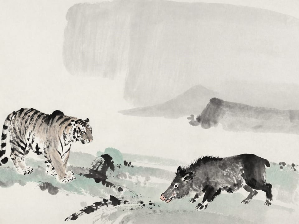 Ink wash painting: A tiger watching from cover as a boar drinks, exhausted, at the day’s end.