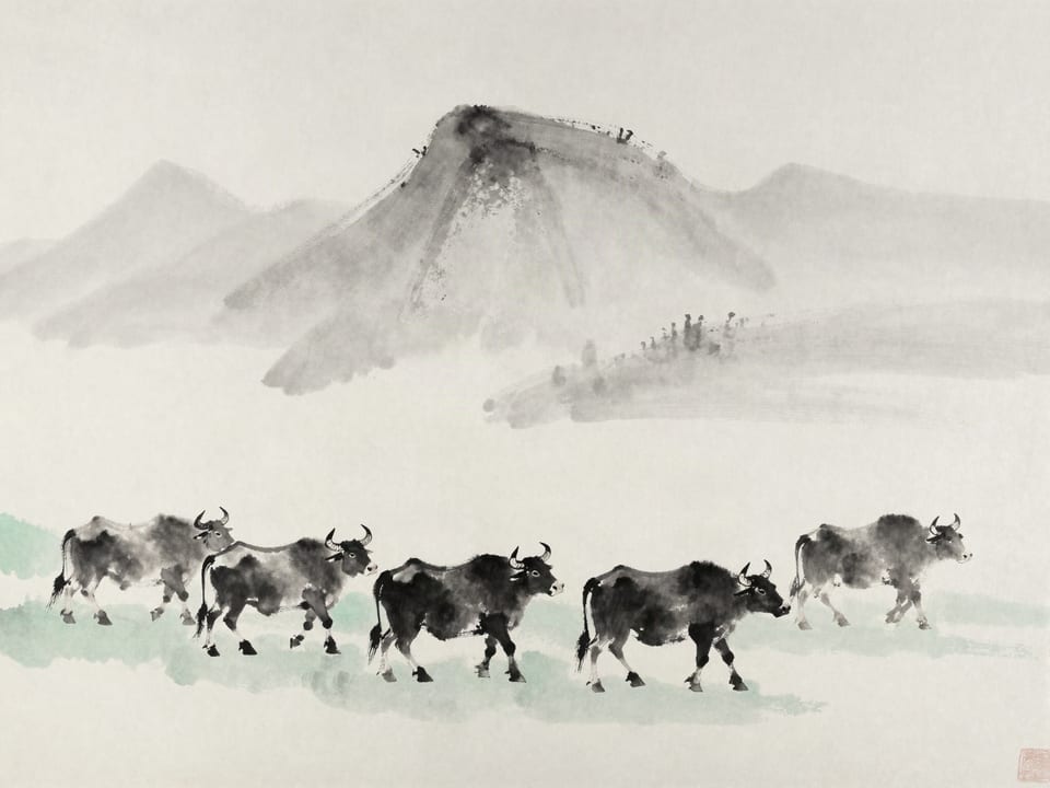 Ink wash painting: A herd of oxen scattering in four directions when the herdsman sleeps.