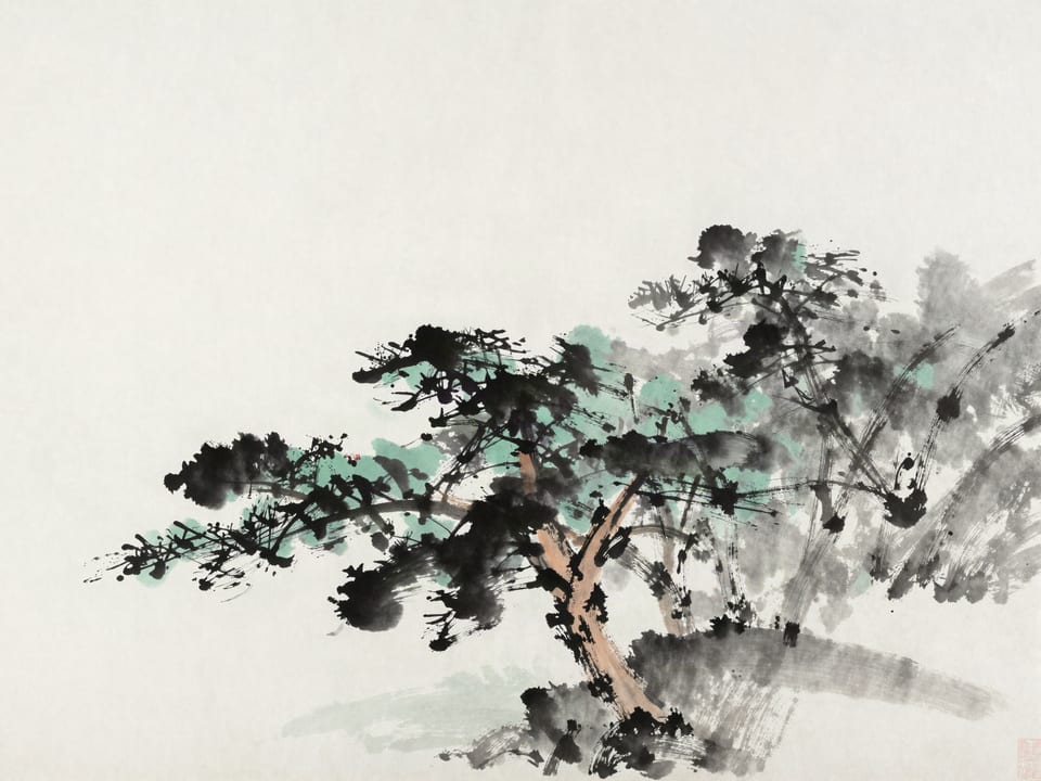 Ink wash painting: A grove of pines moving as one green mass in a single wind.