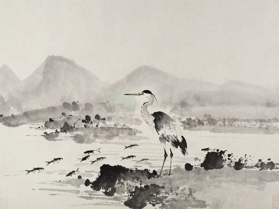 Ink wash painting: A heron standing perfectly still in shallow water while small fish dart all around it.