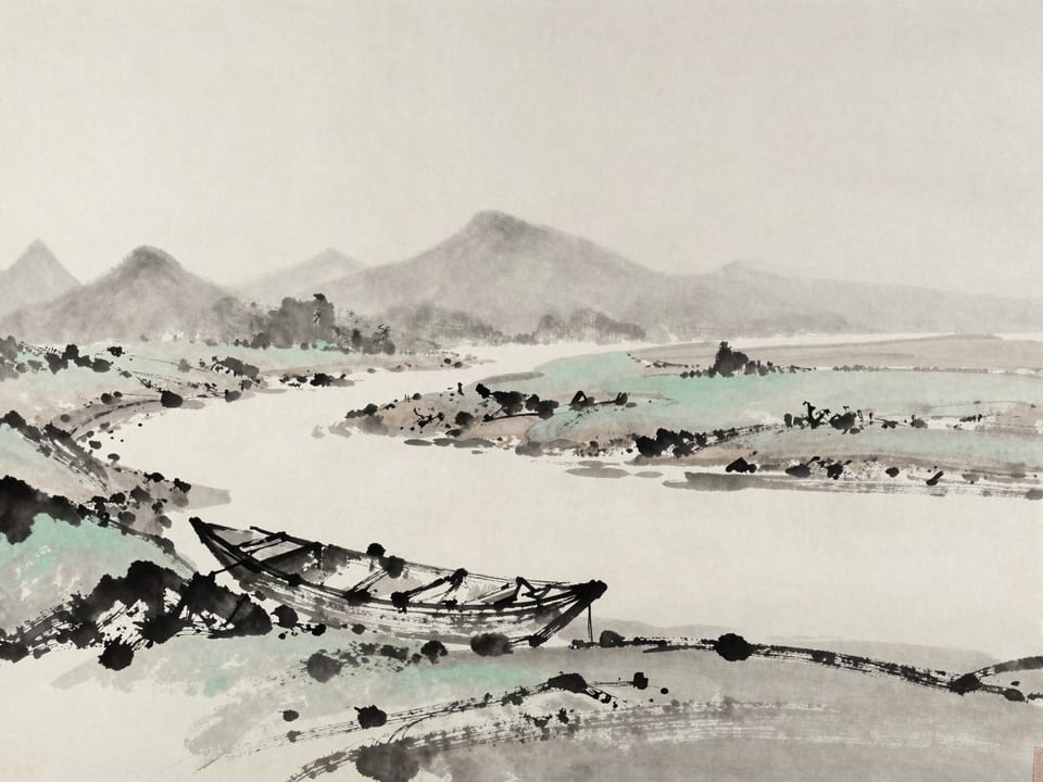 Ink wash painting: A dried-up riverbed with an abandoned boat, cracks spreading through the mud.