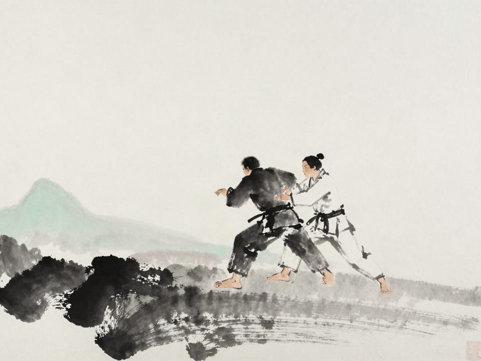 Ink wash painting: A judo master stepping aside as an attacker’s charge carries him past, unresisted.
