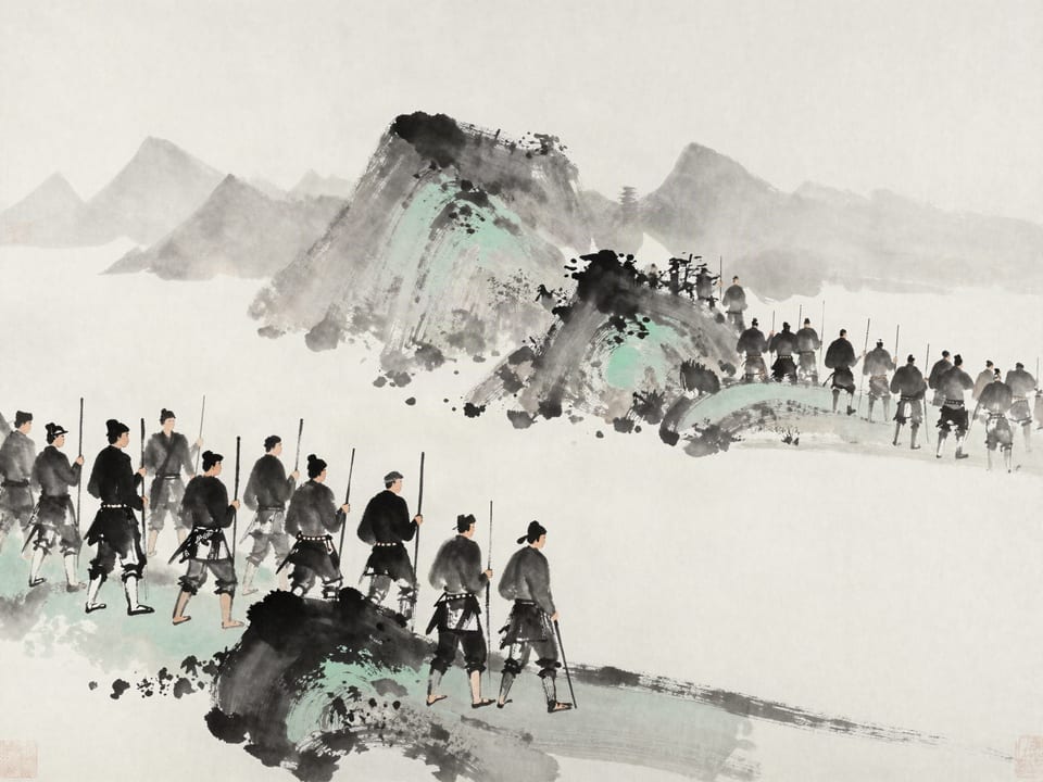 Ink wash painting: An army at bay on all sides, standing firm because there is nowhere left to run.