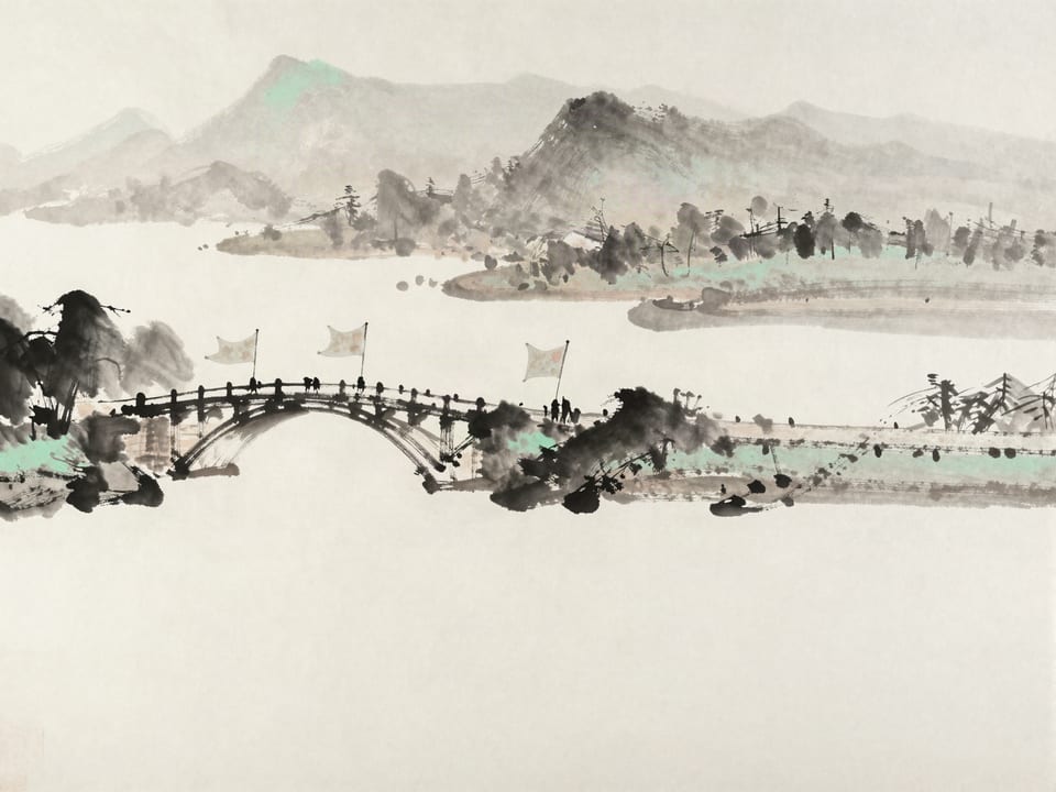 Ink wash painting: Two banners racing to plant on the same bridge over a great river.