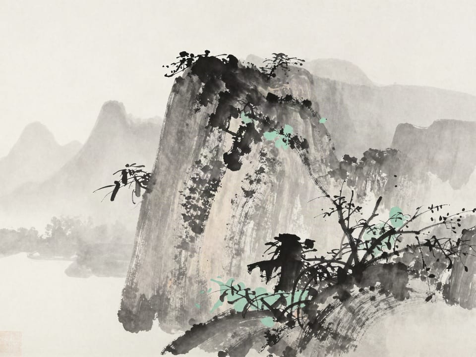 Ink wash painting: Climbers on a sheer face at dusk, the summit the only safety, every hold certain.