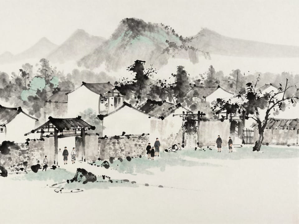 Ink wash painting: Soldiers lingering at their own village gates on campaign day, families at every door.