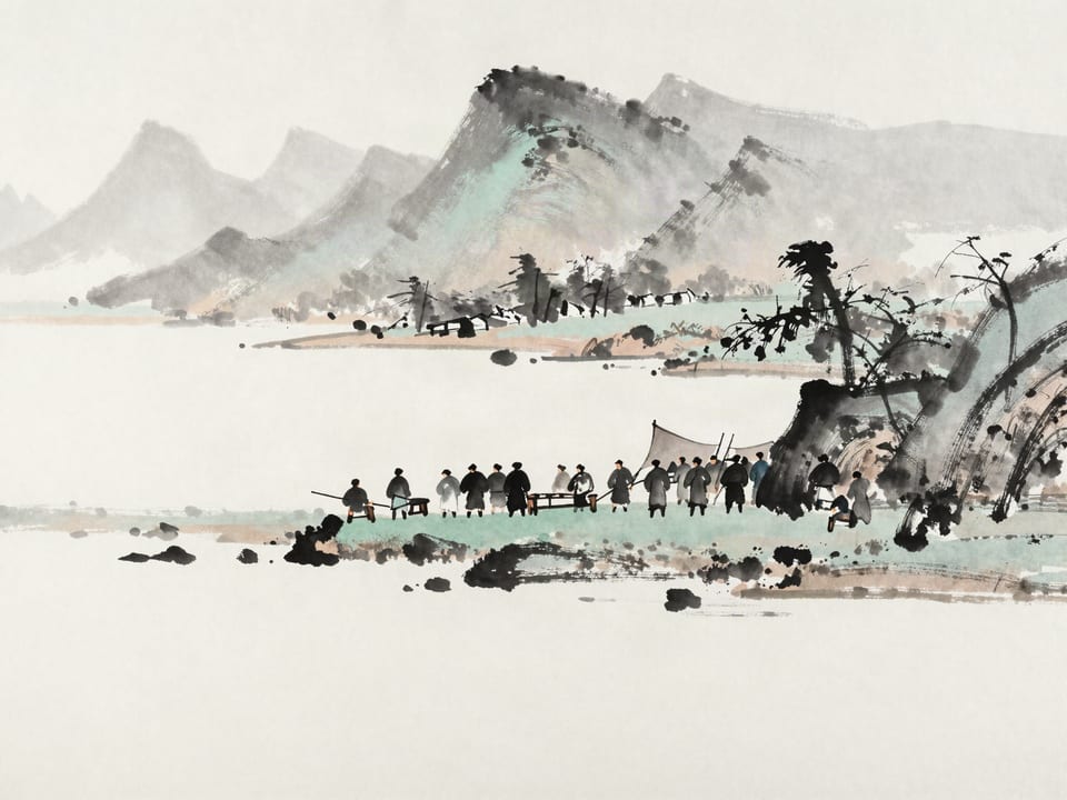 Ink wash painting: A war party pausing at the shallow edge of a foreign shore, the country beyond still open.