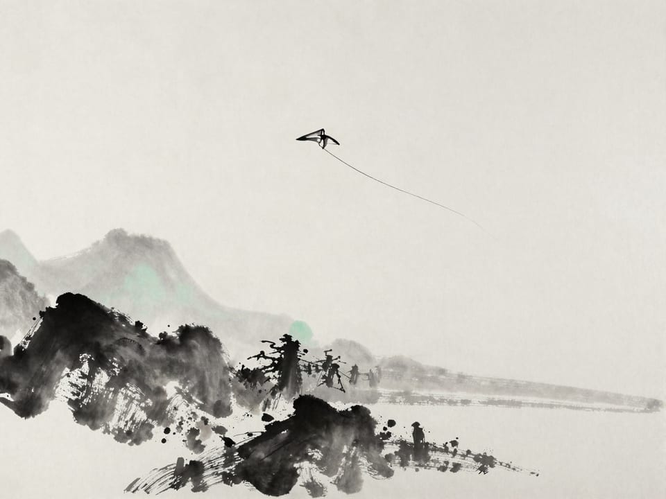 Ink wash painting: A kite drifting backward on the wind, the string taut forward all along.