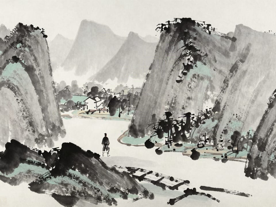 Ink wash painting: A soldier at a mountain pass looking only forward, the home valley behind him out of focus.