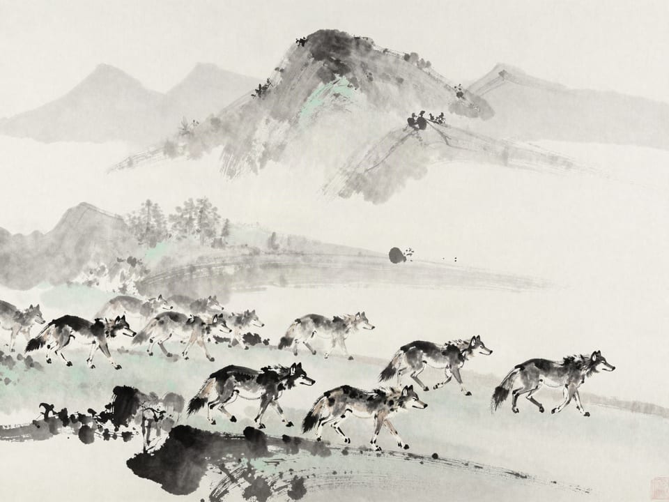 Ink wash painting: A wolf pack pacing patiently along a herd’s flank, mile after mile, waiting.