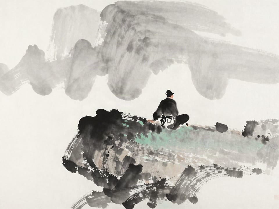 Ink wash painting: A soldier at peace in the storm’s worst hour, past fear, steady as the rock he leans on.