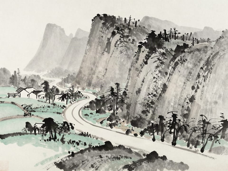 Ink wash painting: A single winding road passing through nine different landscapes, from home fields to sheer cliffs.