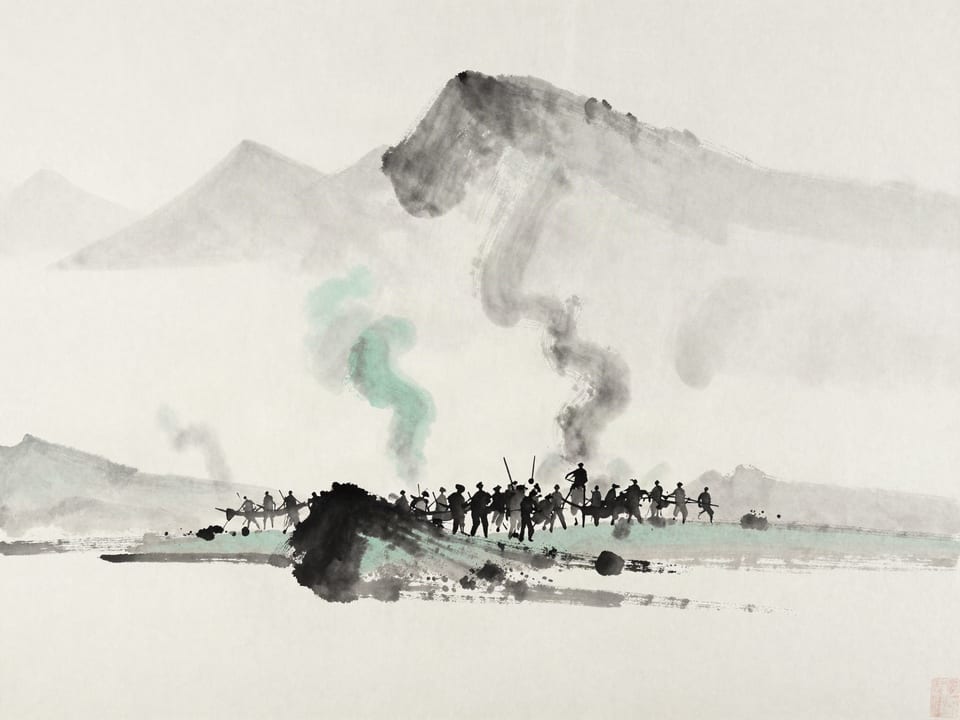 Ink wash painting: Ships burning behind an expeditionary force on a far shore, the smoke the only farewell.