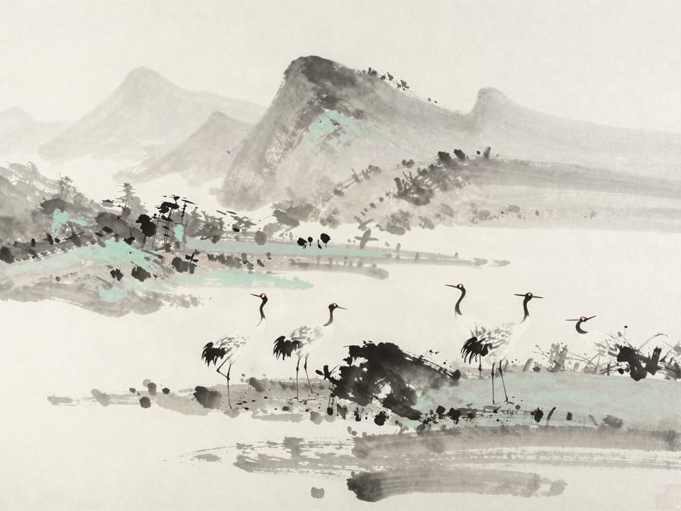 Ink wash painting: A flock of cranes rising as one from a marsh, not a wing out of order.