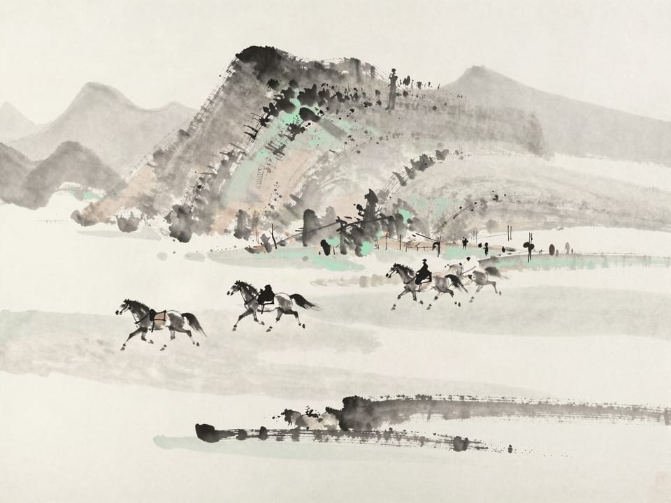 Ink wash painting: Riders flowing freely across an open steppe, no walls, no gates, all directions equal.