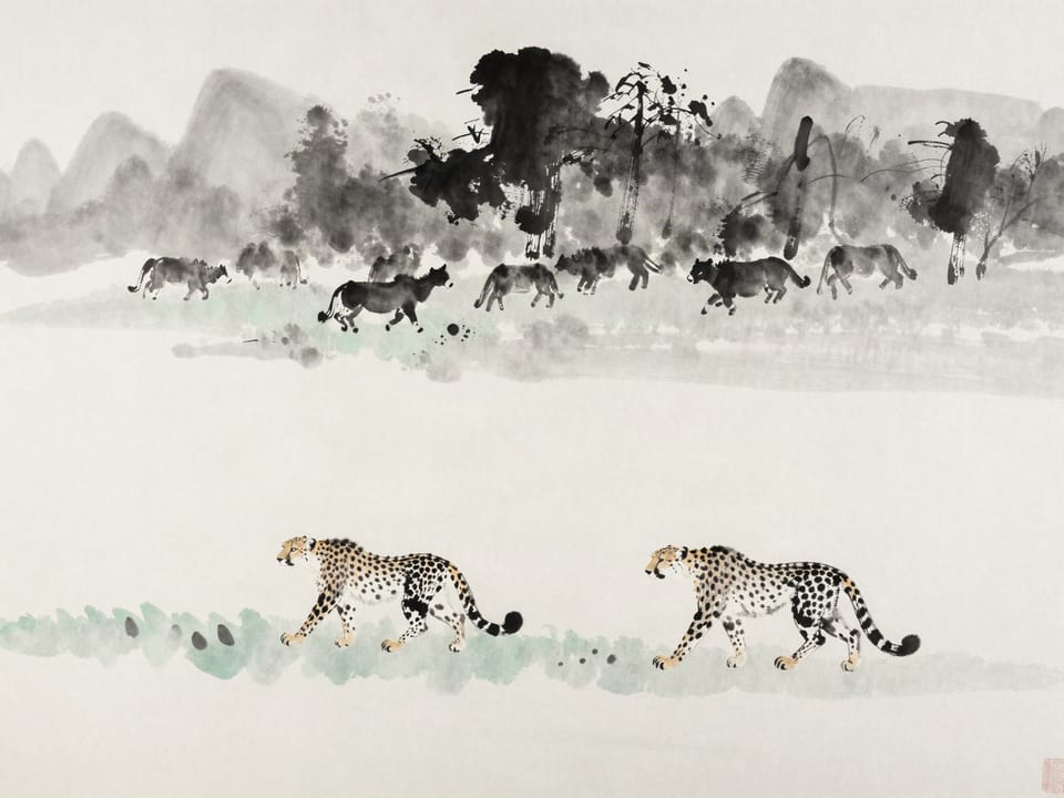 Ink wash painting: A cheetah’s blur crossing the plain while the herd still watches the treeline.