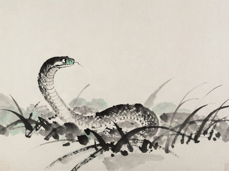 Ink wash painting: A great serpent in the grass: struck at its head, its tail already curling to strike.