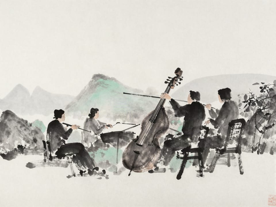 Ink wash painting: A conductor’s hand, and behind it an orchestra moving as one instrument.