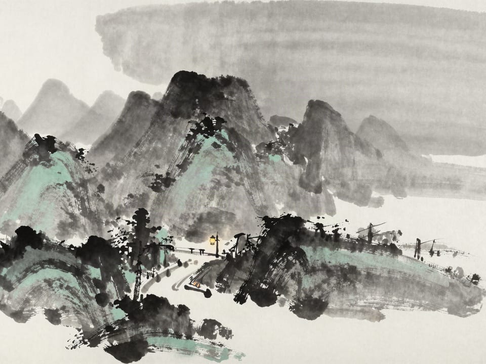 Ink wash painting: A mountain pass in deep night, layered ridges black against a dark sky, a single unlit lantern by the path.