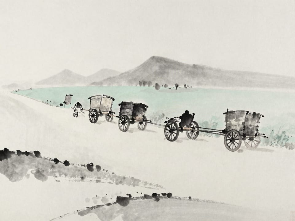 Ink wash painting: A long caravan of carts on an endless dusty road, worn and weary, stretching to a far horizon.
