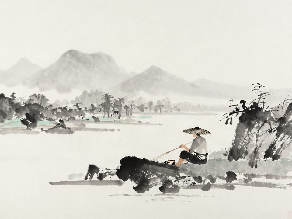 Ink wash painting: A fisherman seated motionless under a straw hat, rod steady, morning mist on an empty river.