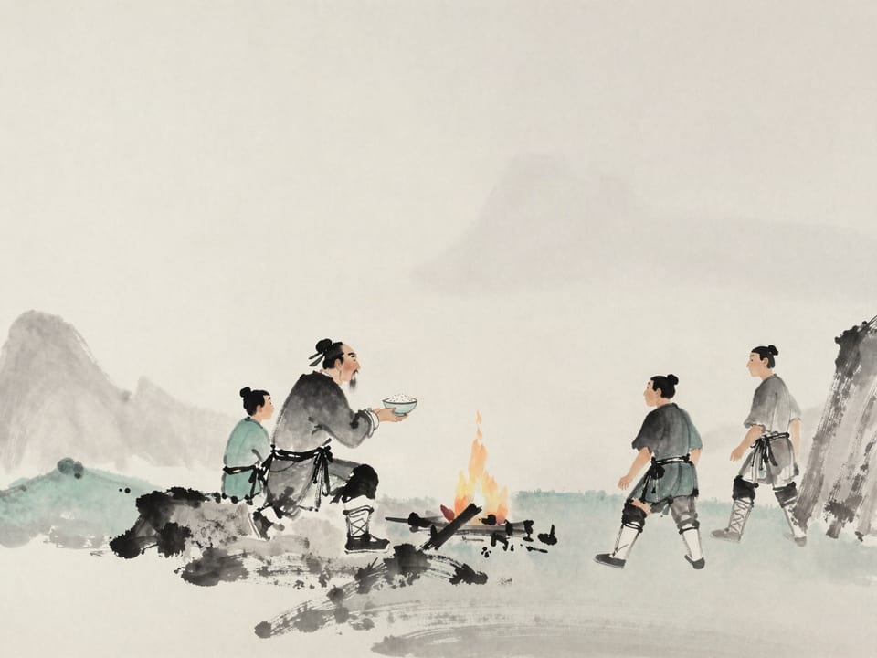 Ink wash painting: An old general sharing rice from his own bowl with a young soldier beside a small evening fire.