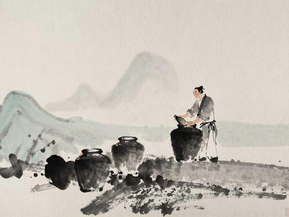 Ink wash painting: A merchant unsealing his richest jar of wine for the least expected guest.