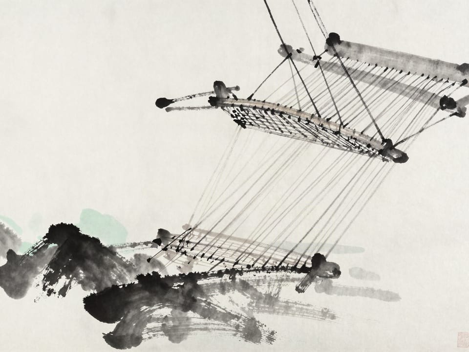 Ink wash painting: A loom seen from beneath: many threads, one invisible pattern in the weave above.