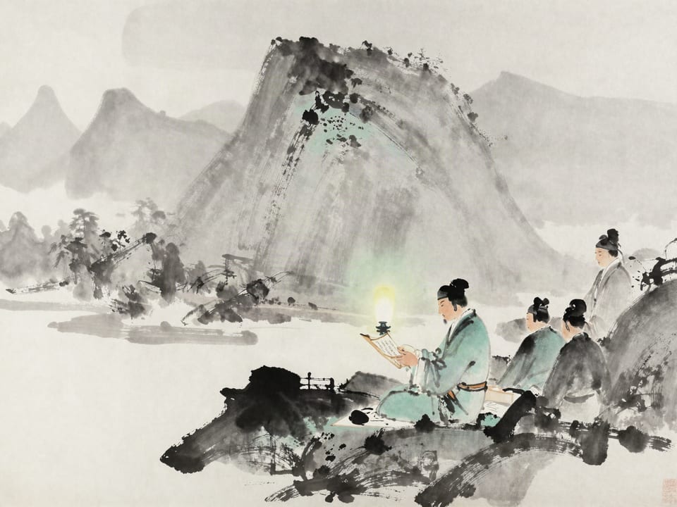 Ink wash painting: A sovereign personally reading dispatches by lamplight while his generals sleep.