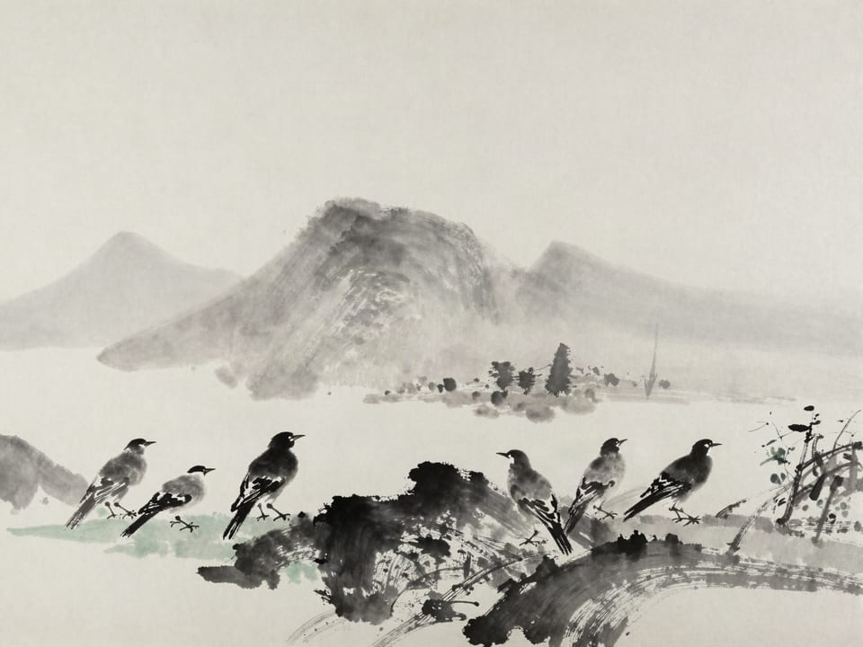 Ink wash painting: Five different birds perched on one line, each facing a different direction.