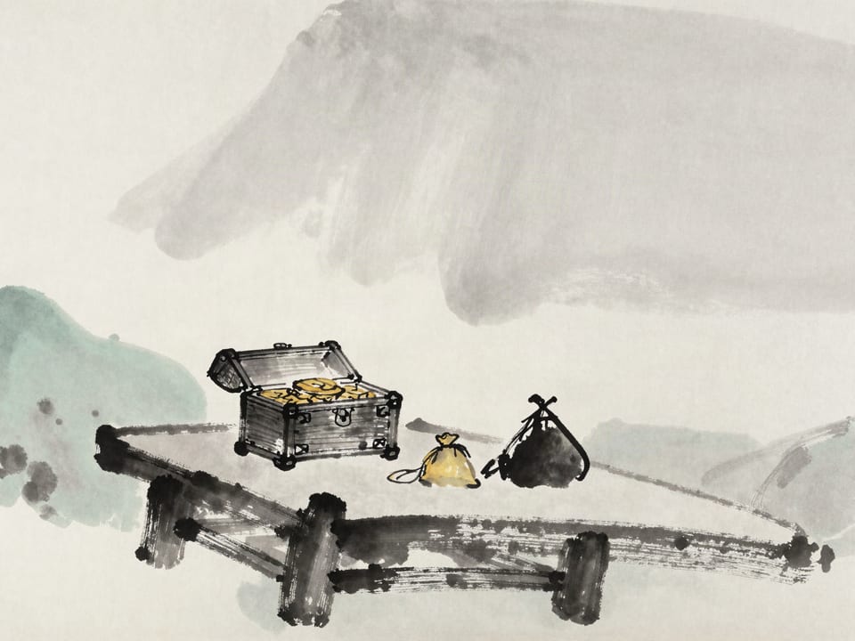 Ink wash painting: A war chest open on a table: gold for the army, a small purse beside it for the scout.