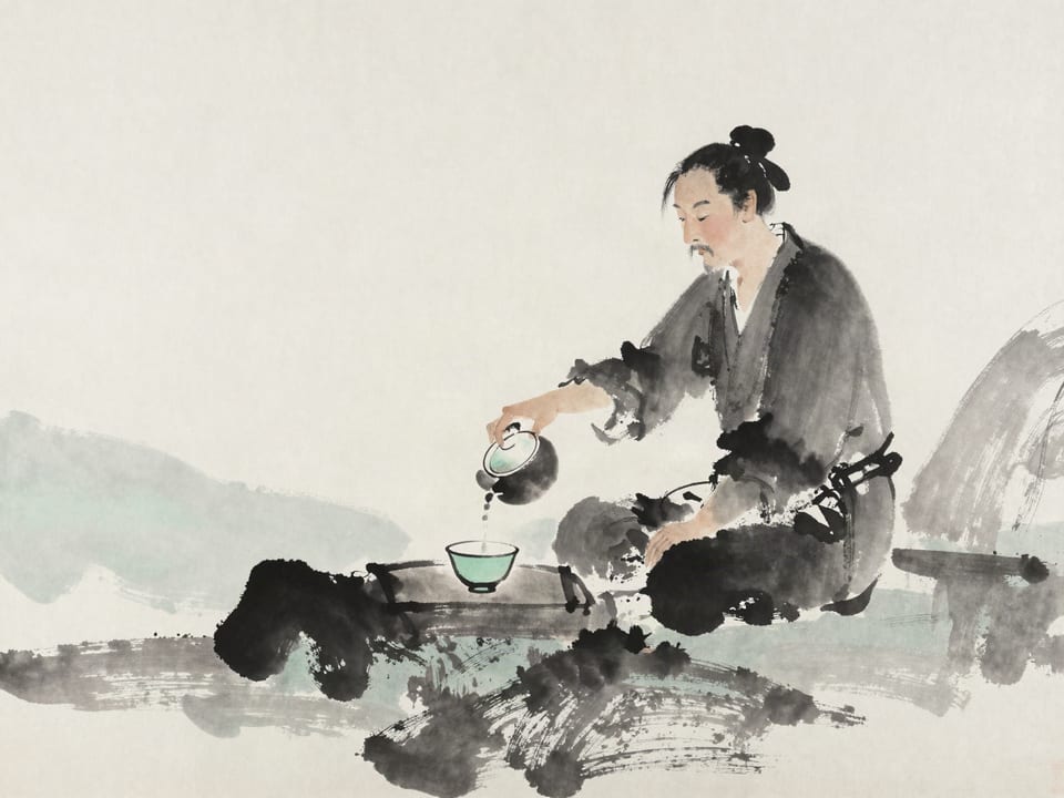 Ink wash painting: A spymaster pouring tea himself for a weary courier, the finest cups brought out.