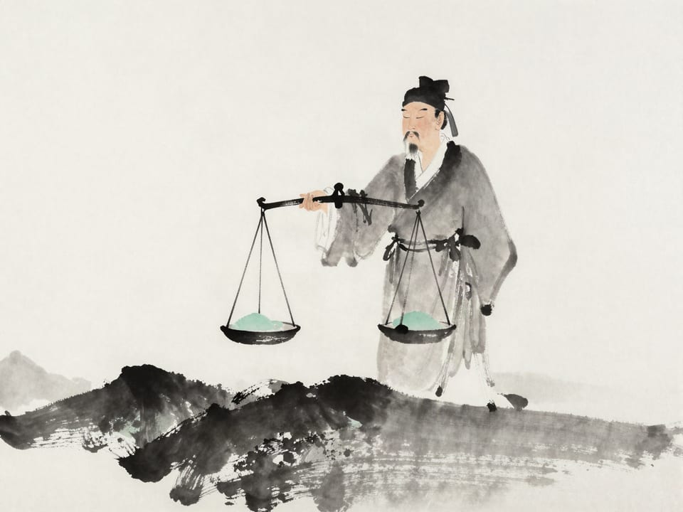Ink wash painting: A magistrate weighing two testimonies on an invisible scale, eyes closed.