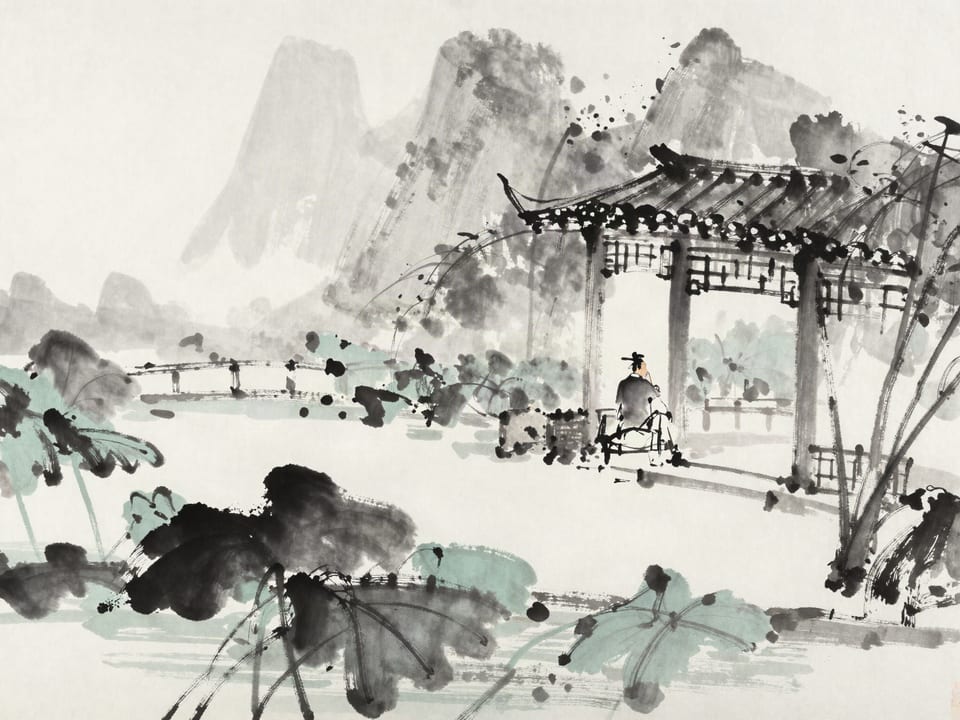 Ink wash painting: A court official pausing at a garden gate, listening, a lotus pond reflecting two masters.