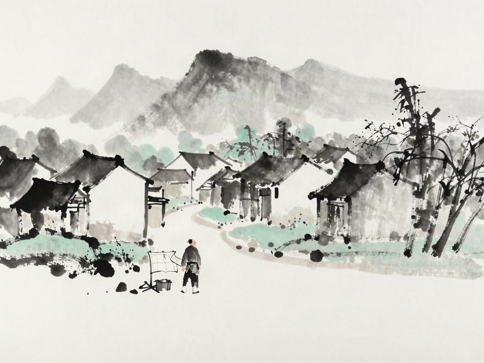 Ink wash painting: A village elder drawing the true road in the dirt for a stranger with a map.