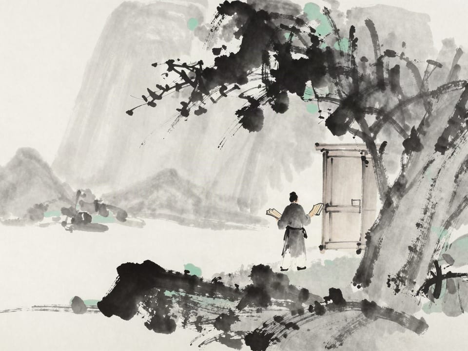 Ink wash painting: A scholar closing his books of divination and opening a door to a traveler from the enemy’s city.