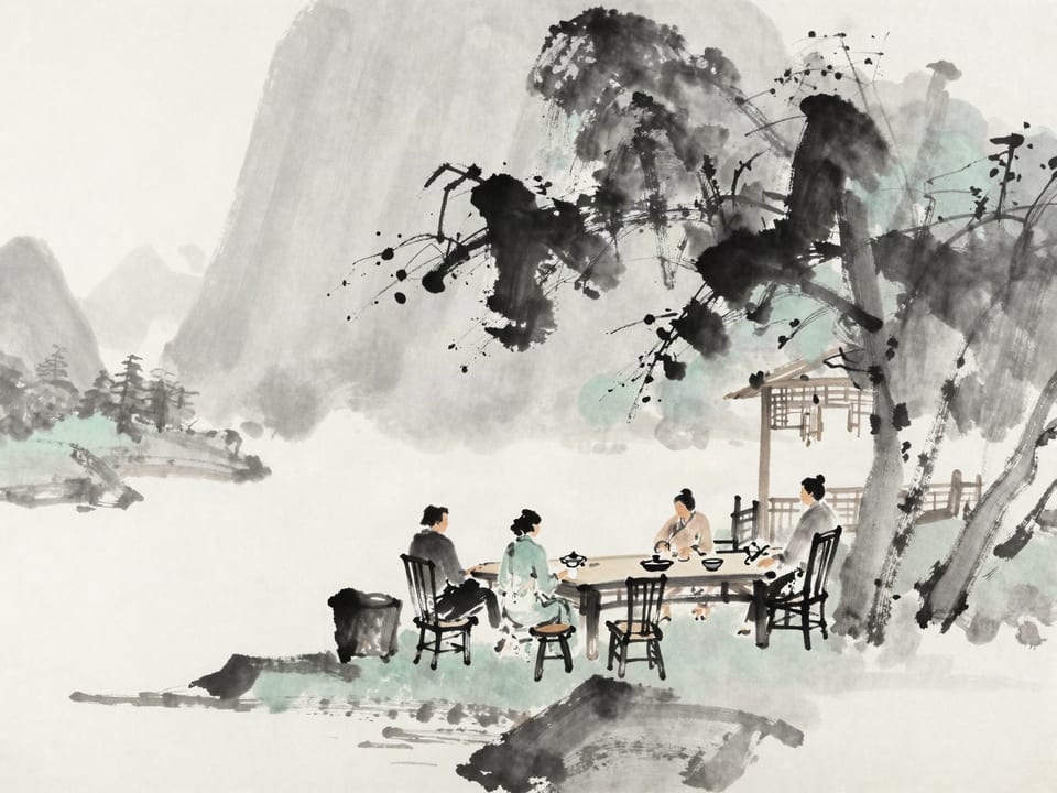 Ink wash painting: A quiet teahouse where every table listens, and no one appears to.