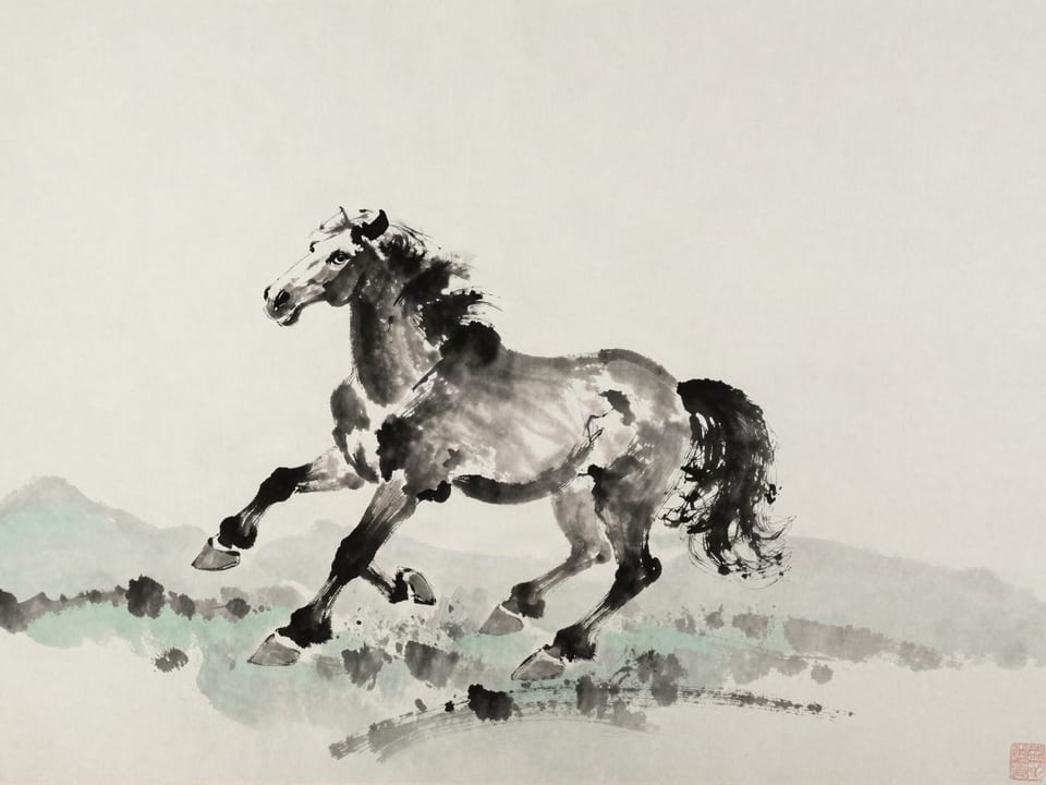 Ink wash painting: A single wild horse galloping across an open plain, mane flying, leaving stillness behind it.