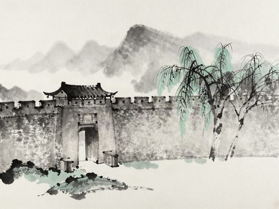 Ink wash painting: A walled city with its gates open, willow branches leaning over the wall, entirely unharmed under soft mist.