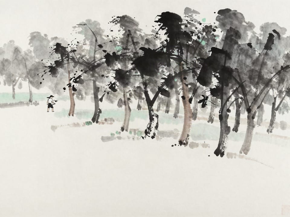 Ink wash painting: A grove of trees planted in ordered rows by a farmer, years of care visible in their even height.