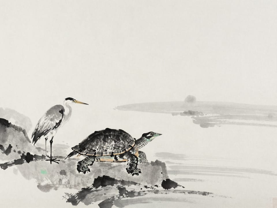Ink wash painting: A turtle crossing a riverbank, shell closed against a heron, head extended toward the water.