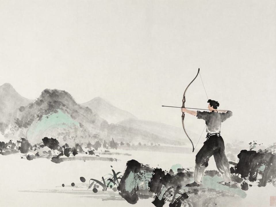 Ink wash painting: An archer who has set his bow down, studying the far target he cannot yet reach.