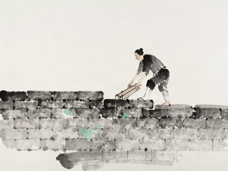 Ink wash painting: A mason laying bricks in a wall, each course level, the plumb line hanging true.