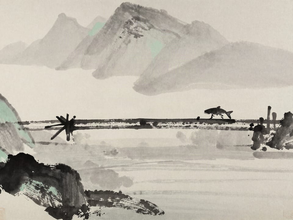 Ink wash painting: A carpenter’s ink line snapped taut across a long beam, marking the straight path.