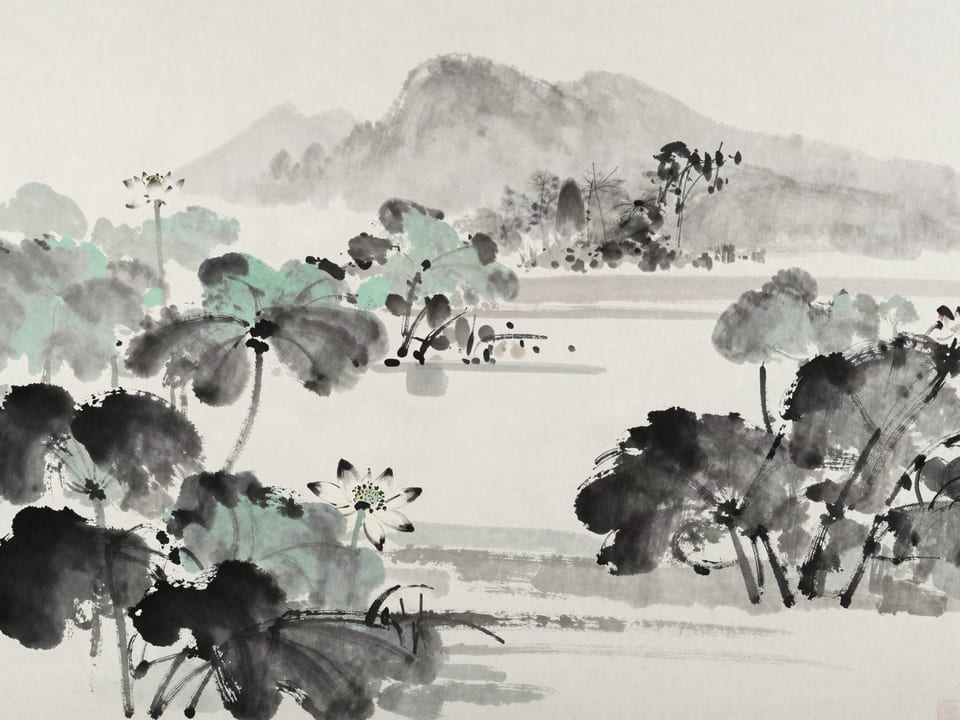 Ink wash painting: A quiet gardener’s pond with perfect lotus blooms, no visitors, the path untrodden.